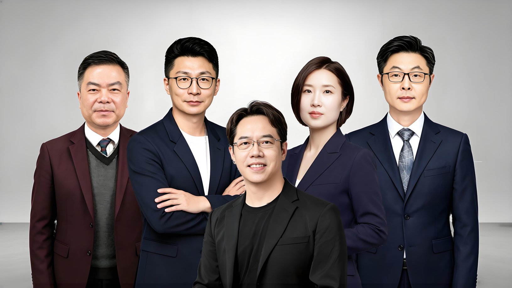 橙木团队合影：特聘专家鲁建厦 教授、COO 周经纬、CEO 龙彪、CMO 毕洁 博士、CTO 张志亮